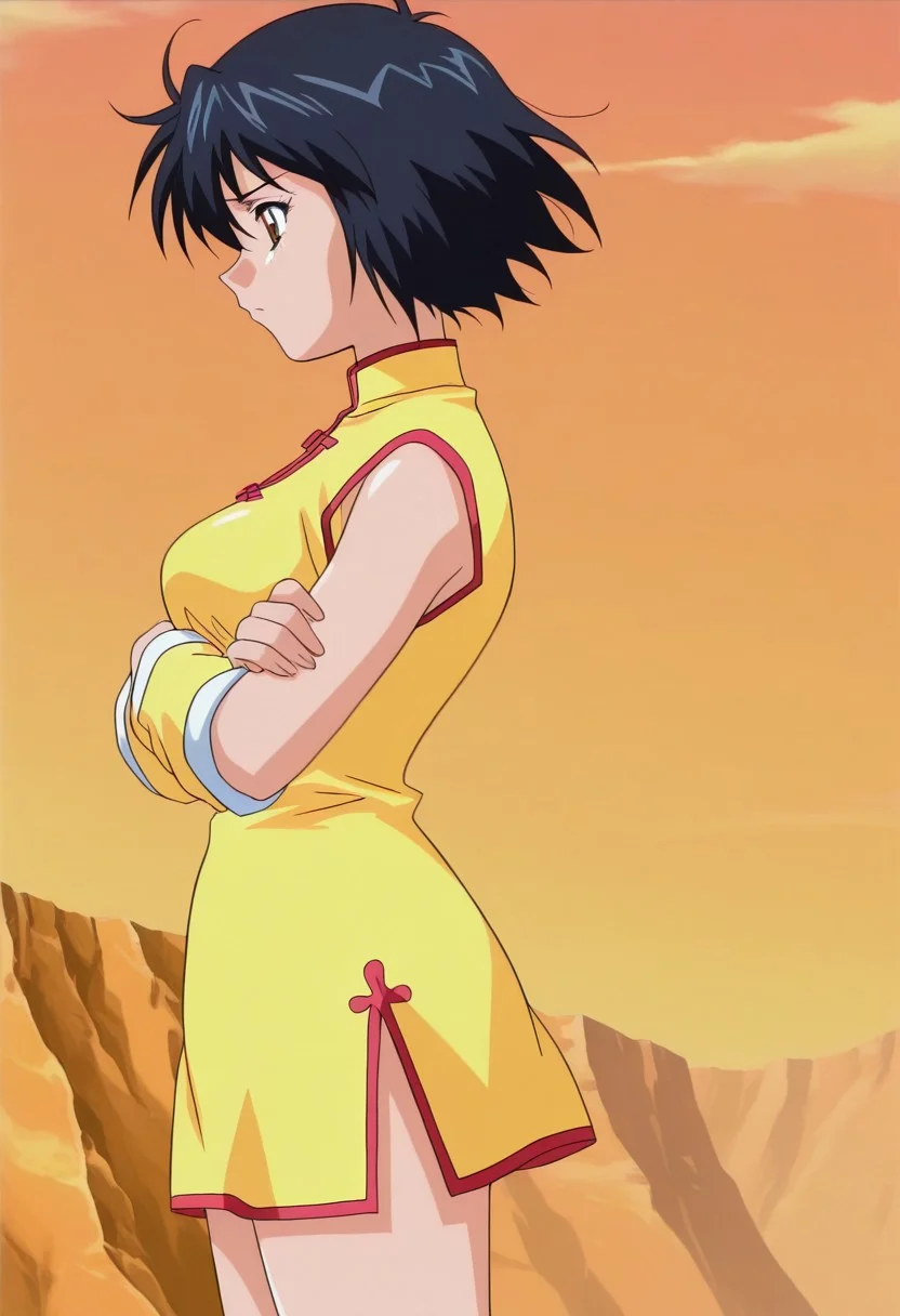 oficial art, detailed anime, screencap, score_9, score_8_up, score_7_up, master piece, anime coloring, source_anime, ultra detailed anime art, hyper detailed anime art, Suzie Normal, 1girl, solo, chinese clothes, china dress, dress, side slit, black hair, short hair, short dress, yellow dress, brown eyes, yellow detached sleeves, short sleeves, sleeveless, medium breasts, bare legs, retro artstyle, yellow ankle boots, boots, sad face, cowboy shot, wind, windy, looking at side, arms crossed belod breast, generic desertic wasteland sunset background, side view, from side,