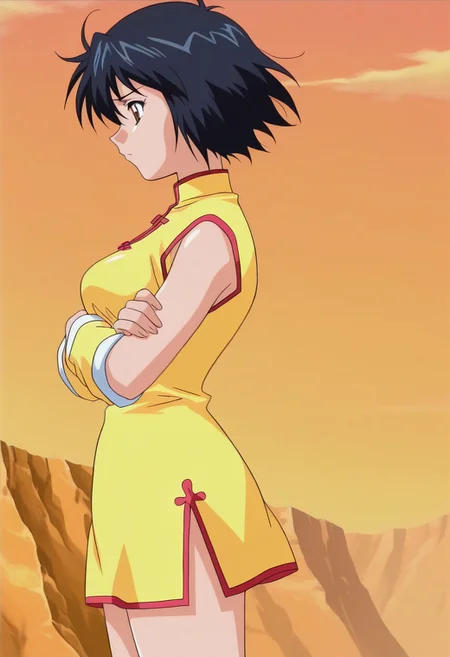 oficial art, detailed anime, screencap, score_9, score_8_up, score_7_up, master piece, anime coloring, source_anime, ultra detailed anime art, hyper detailed anime art, Suzie Normal, 1girl, solo, chinese clothes, china dress, dress, side slit, black hair, short hair, short dress, yellow dress, brown eyes, yellow detached sleeves, short sleeves, sleeveless, medium breasts, bare legs, retro artstyle, yellow ankle boots, boots, sad face, cowboy shot, wind, windy, looking at side, arms crossed belod breast, generic desertic wasteland sunset background, side view, from side,