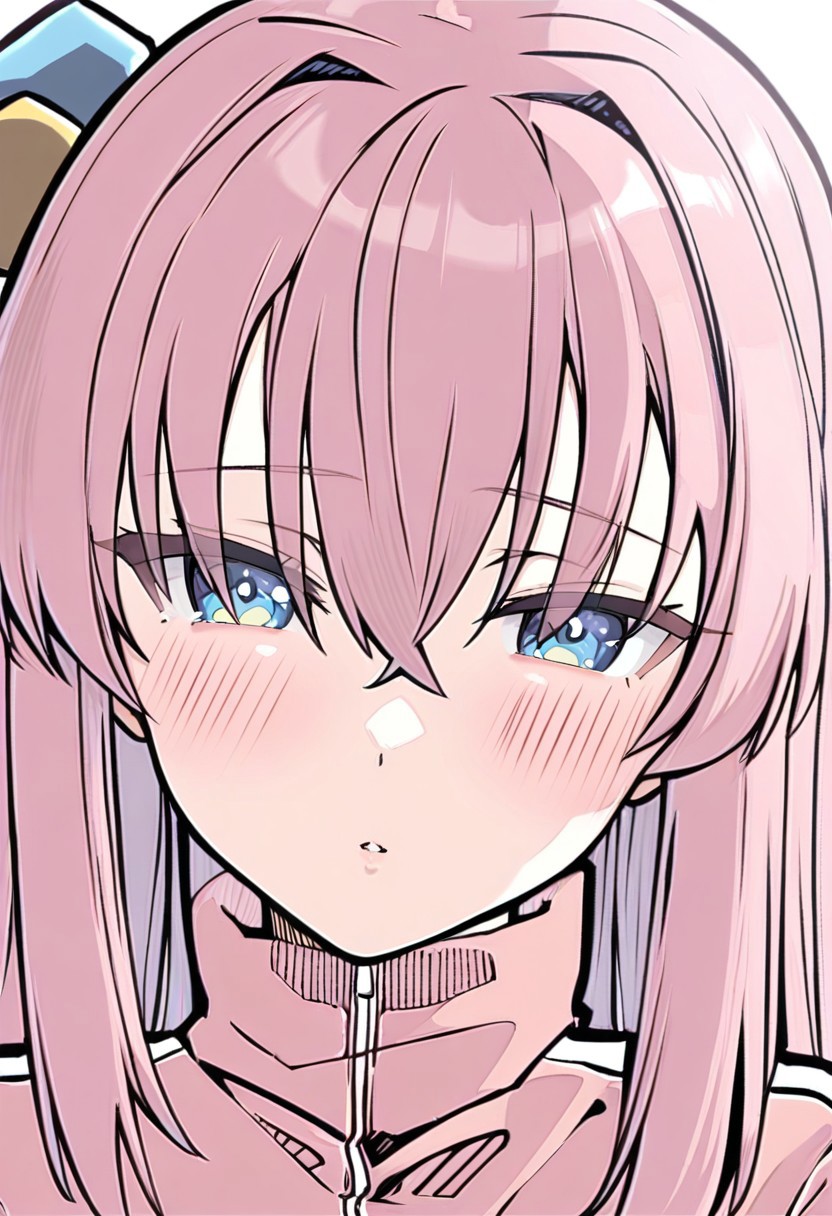 sdgs, 1girl, solo, hair ornament, cube hair ornament, blue eyes, pink long hair, pink track jacket, bangs, hair between eyes, (masterpiece,best quality,ultra_detailed,highres,absurdres:1.2)