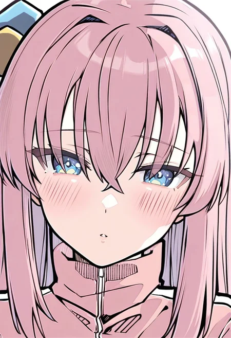 sdgs, 1girl, solo, hair ornament, cube hair ornament, blue eyes, pink long hair, pink track jacket, bangs, hair between eyes, (masterpiece,best quality,ultra_detailed,highres,absurdres:1.2)