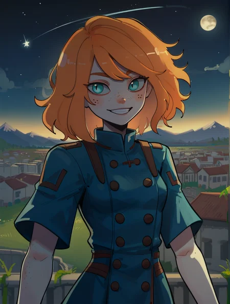 score_9_up, score_8_up, score_7_up, dynamic pose, cowboy shot, wide shot, straight-on, facing viewer, 1girl, medium hair, dark orange hair, spotted hair, dark orange hair, aqua eyes, pale skin, freckles, small breasts, smiling, teeth, waist coat
, outside, landscape, at a village, <lora:lowlight:.4>, night, night sky, stars, half moon, shooting star, cloudy, <lora:BSDBN-24:.8>, BSDBN