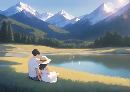 1girl, 1boy, cowboy shot, from back, long hair, sundress, sun hat, t-shirt, shorts, sitting together, holding hands, outdoors, mountain, pond, nature, landscape, tree, mountainous horizon, grass, sunlight, lens flare, painterly, <lora:locute_v3_v09:1>
