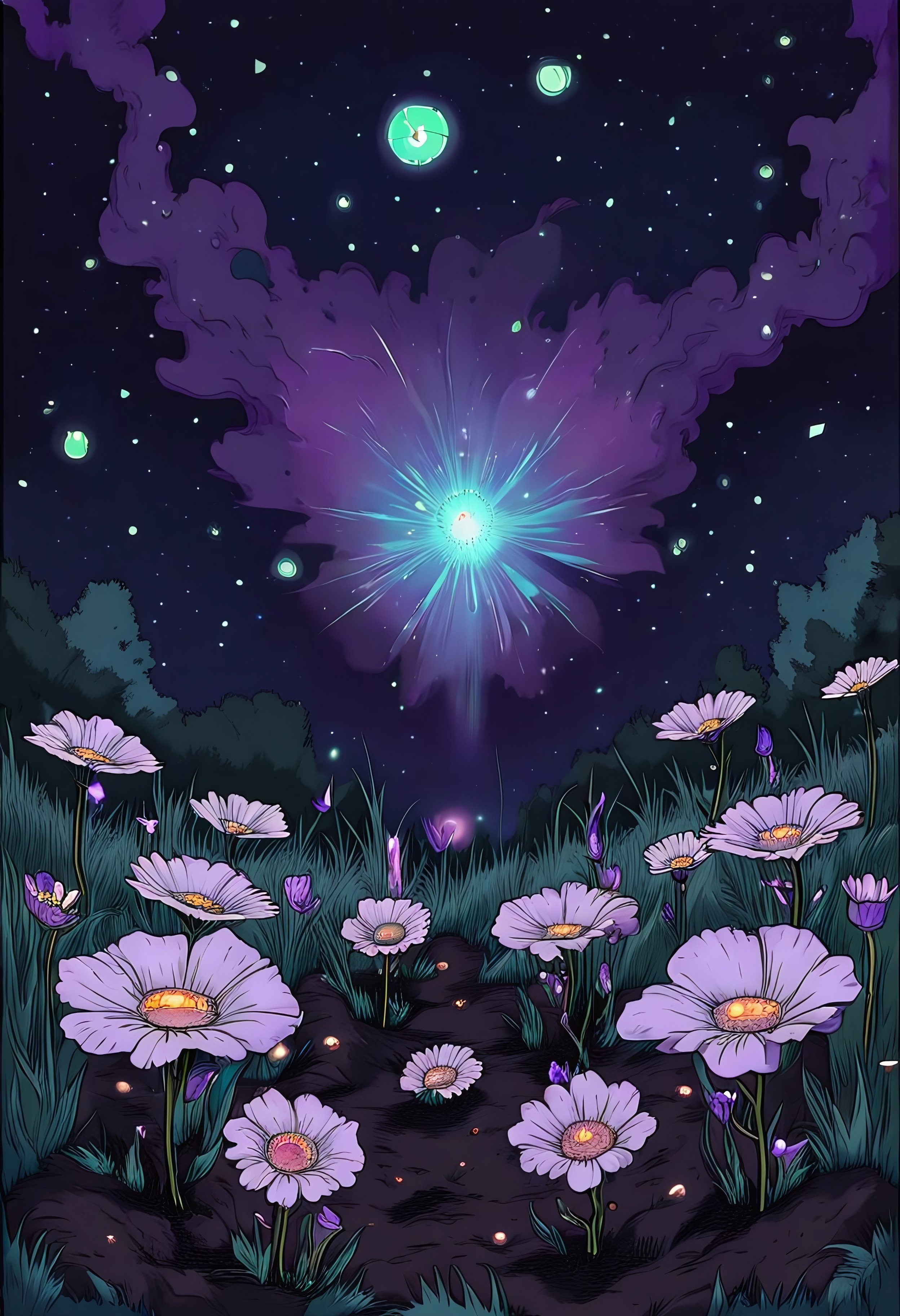 etherealillust, single vibrant purple flower growing out of a small patch of rich soil surrounded by lush green grass, under a clear night sky filled with bright, shimmering stars and distant glowing nebulae, soft moonlight casting a gentle glow over the scene