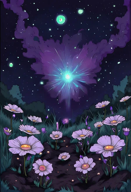 etherealillust, single vibrant purple flower growing out of a small patch of rich soil surrounded by lush green grass, under a clear night sky filled with bright, shimmering stars and distant glowing nebulae, soft moonlight casting a gentle glow over the scene