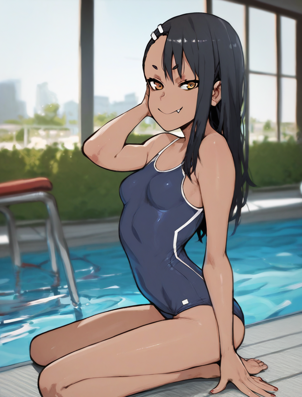 score_9, score_8_up, score_7_up, score_6_up, wabaki_style, BREAK
1girl, solo, nagatoro hayase, small breasts, looking at viewer, smile, fang, dark-skinned female, yellow eyes, one-piece swimsuit, hand on own shoulder, school swimsuit, kneeling, medium shot, from side,poolside, 
<lora:wabaki_xl4:1>