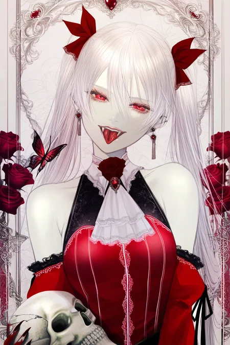 satsuki kei,1girl, red eyes, butterfly, bug, tongue, solo, skull, flower, blood, rose, white hair, vampire, jewelry, blood on hands, tongue out, holding skull, twintails, fangs, red nails, earrings, red flower, long hair, red rose, looking at viewer, open mouth, bare shoulders, fingernails, upper body, sharp fingernails, long fingernails, holding, pale skin, dress, hair between eyes, detached sleeves, smile, red gemstone, hair bow, ascot, teeth,
BREAK,masterpiece,best quality,amazing quality,very aesthetic,absurdres,newest