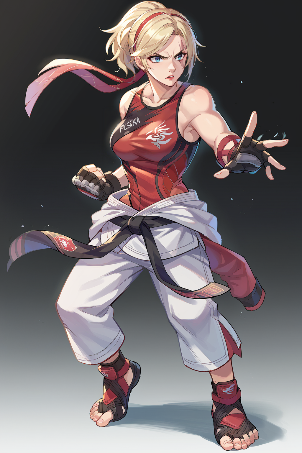 score_9, score_8_up, score_7_up, score_6_up, score_5_up, score_4_up, BREAK source_anime,solo
edgLidia,fingerless gloves,scar across one eye,ponytail,red hairband,black karate belt,clothes around waist,dougi,tank top, breasts, short hair, blue eyes, blonde hair, gloves, full body,fighting stance, nose
 <lora:edgLidiaTekkenPonyv1:1>