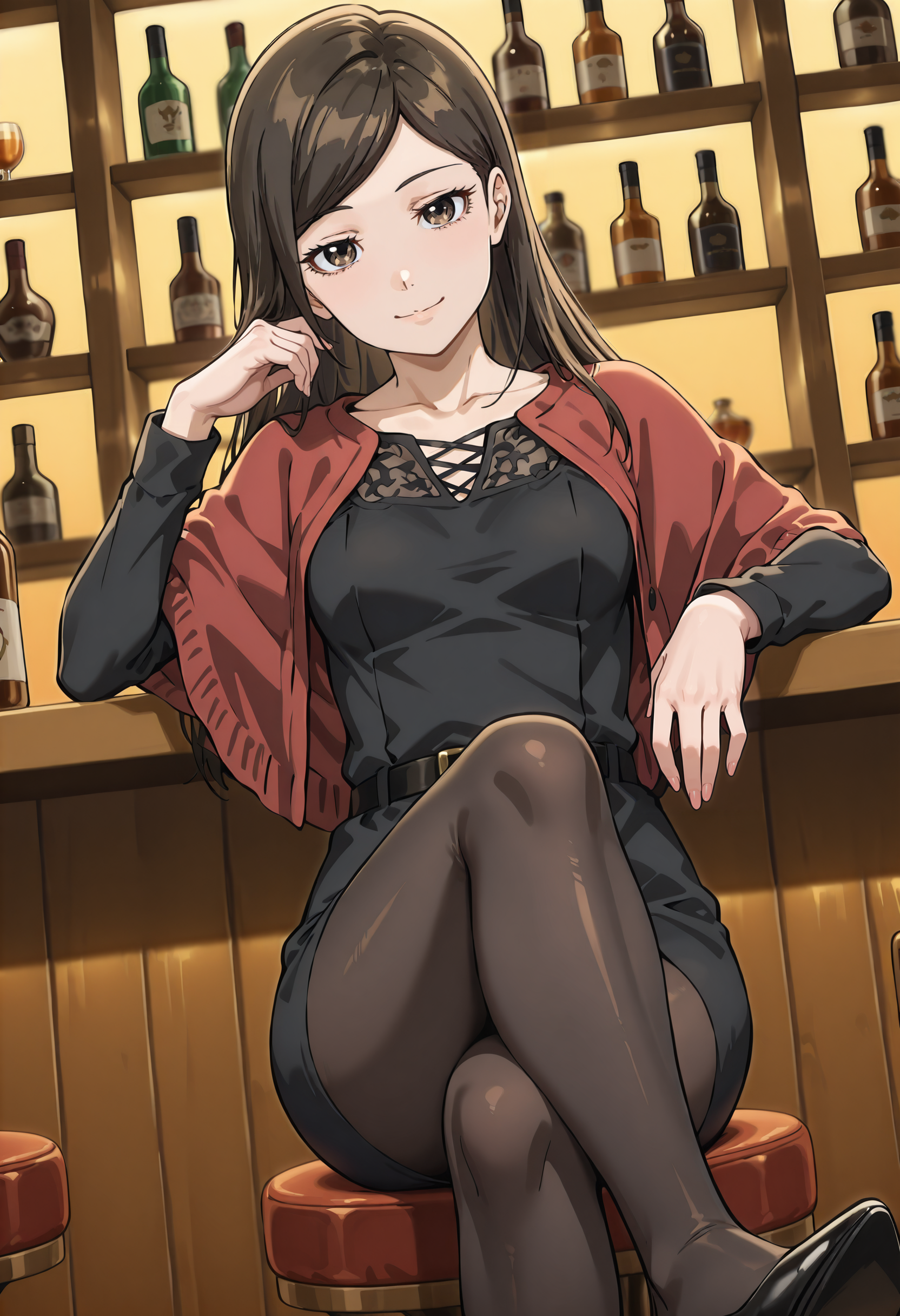 best quality, amazing quality, perfect quality, high quality, masterpiece, absolutely eye-catching BREAK
<lora:Police_in_a_Pod_-_Seiko_Fuji:1> HakozumeSeiko, brown eyes, brown hair, long hair, hair down, parted bangs, single sidelock, small breasts BREAK
black medium dress, long sleeves, red shawl, pantyhose, black high heels BREAK
indoors, bar_\(place\), dim lighting BREAK
1girl, solo, crossed legs, sitting, cowboy shot, head tilt, seductive smile, dutch angle, arm rest, looking at viewer, from below
