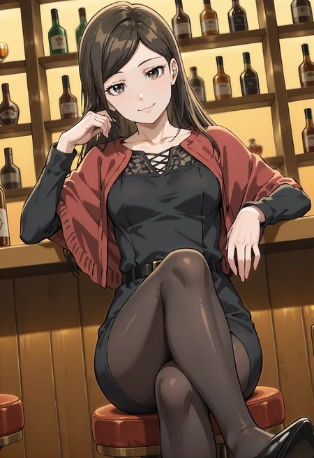 best quality, amazing quality, perfect quality, high quality, masterpiece, absolutely eye-catching BREAK
<lora:Police_in_a_Pod_-_Seiko_Fuji:1> HakozumeSeiko, brown eyes, brown hair, long hair, hair down, parted bangs, single sidelock, small breasts BREAK
black medium dress, long sleeves, red shawl, pantyhose, black high heels BREAK
indoors, bar_\(place\), dim lighting BREAK
1girl, solo, crossed legs, sitting, cowboy shot, head tilt, seductive smile, dutch angle, arm rest, looking at viewer, from below