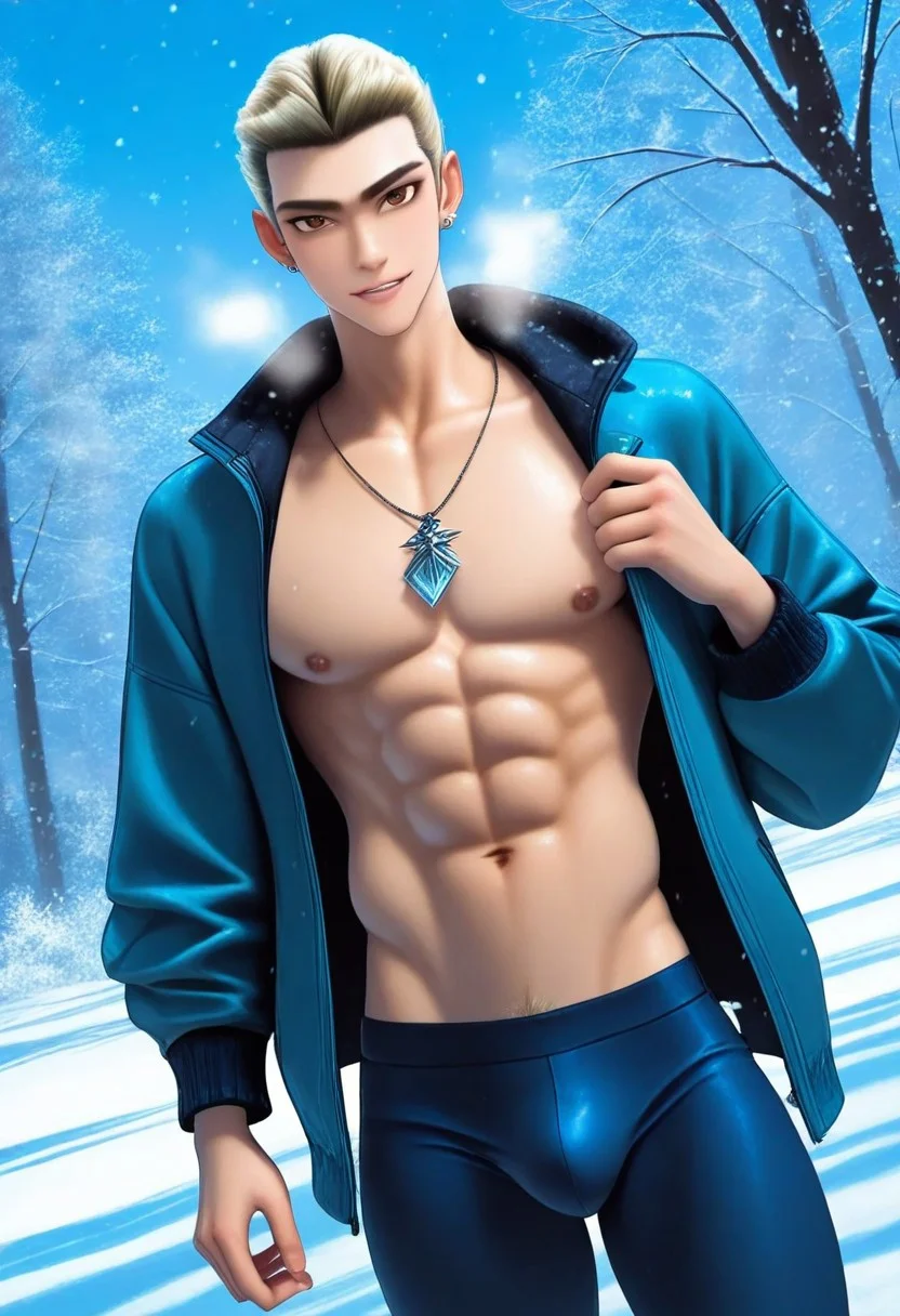 score_9, score_8_up, score_7_up, 1boy, solo, AoBingDe, white blonde hair, hair slicked back, brown eyes, light pale skin, piercings on ears, necklace, expressive eyebrows, asian shaped eyes, sharp face, young man, dynamic angle, looking at viewer, male model standing, slim muscular, gay, homoerotic, confident, abs, pecs, nipples, v-line, tight underwear, bulge, pubic hair, relaxed and carefree vibe, outdoors, snow, ice, snowing, high quality, hd render,