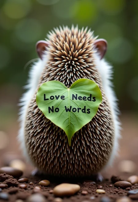 8k photo, A hedgehog's back view, a hedgehog with a heart-shaped leaf on its back, “Love Needs No Words” in gentle writing on the leaf, aidmaTextImprover,