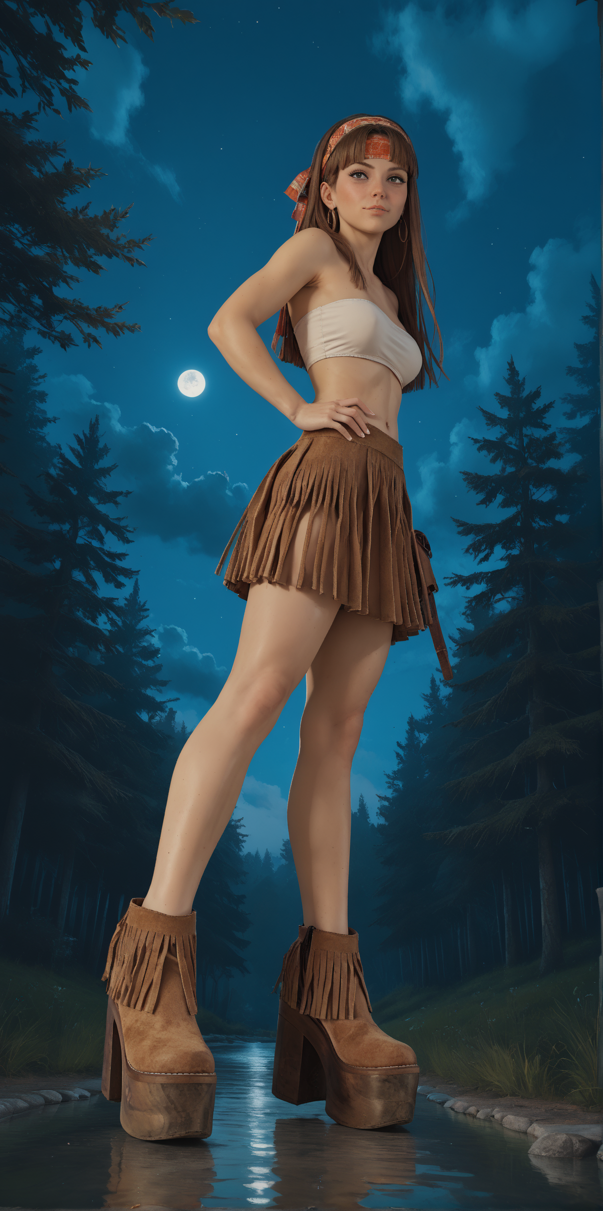 score_9, score_8_up, score_7_up, score_6_up,
(low angle:1.2), from side, 
1girl,
standing,
dark skin, medium breasts, petite,
brown hair, long hair, straight hair, headband,
ï»¿fr1nge platform shoes, platform footwear,
frayed skirt, fringe trim, fringe trim bandeau top, hippie,
looking at viewer,
forest, outdoors, night, soft lighting, ethereal atmosphere, dream environment,