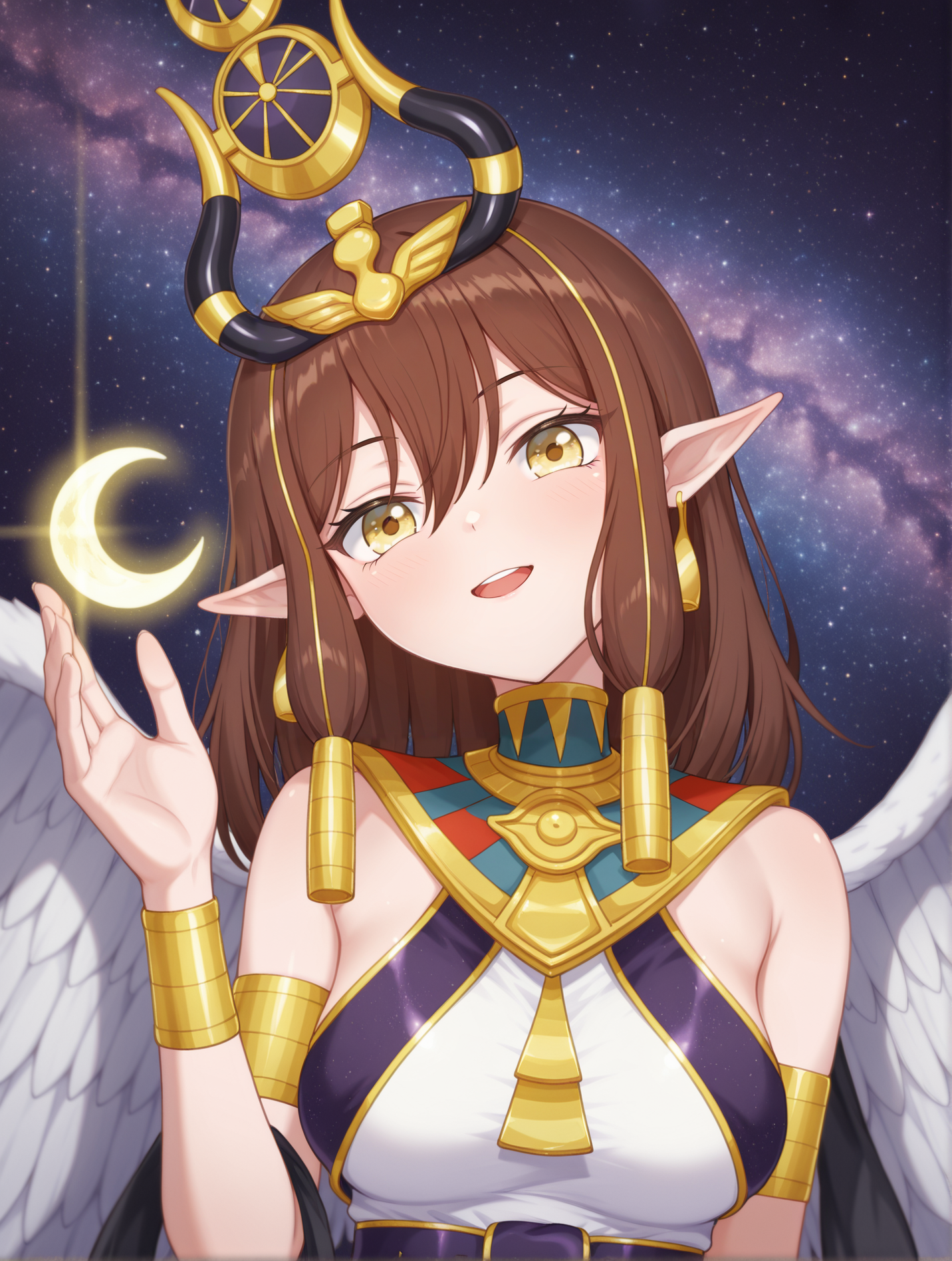 white feather wings,maiden of the millennium moon,1girl,solo,holding crescent,gold earrings,light smile,looking at viewer,upper body,starry sky background,gold armlet,gold bracelet,gold hair tubes,gold headdress,white egyptian dress,crescent,open mouth,head tilt, upper teeth only, 
masterpiece,best quality,amazing quality,very aesthetic,absurdres,newest,<lora:Maiden of the Moonlight & Millennium Moon illusXL v1.1:0.74>,