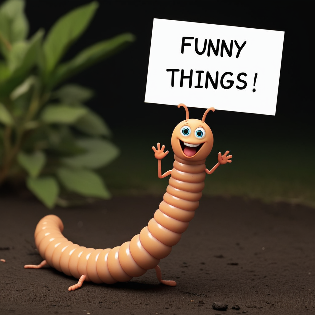 a worm holds a sign with text:"funny things" <lora:text:.7>
