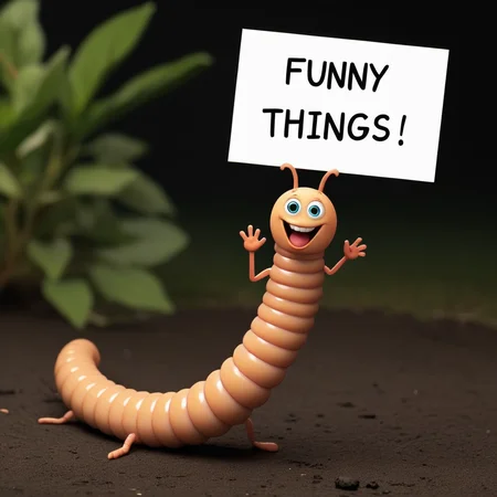 a worm holds a sign with text:"funny things" <lora:text:.7>