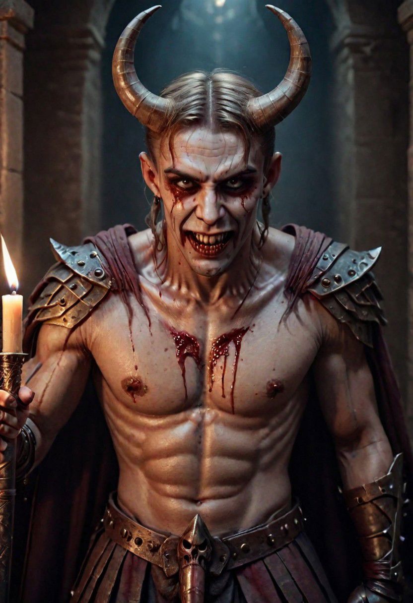 RAW photography, professional grade,photography in the style of Labirynth movie, close up of (awful) and (sweet) creature with sword stained with (blood), inside a claustrophobic ancient and ruined labirynth ,fantasy,hyper detailed, real skin imperfections, hard lighting, bokeh, ((curi:1.2))A photo of a (menacing demon lord:1.3), (curved horns:1.2), piercing red eyes, (grinning skull-like face:1.1), muscular build, (pointing directly at viewer:1.2), surrounded by an army of (ghouls and skeletal figures:1.1), flickering candlelight, medieval dungeon setting, (ominous soldier with rifle:1.1), atmospheric dread, gothic horror theme, Sony A7R IV, 1/60s, f/2.8, ISO 1000, cinematic composition, HDR imaging, detailed textures, macabre mood,armor star wars