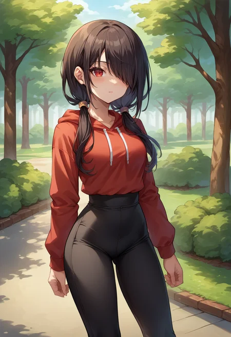 score_9, score_8_up, source_anime, 1girl, solo, TokisakiKurumi, black hair, low twintails, hair over one eye, red eye, outdoors, park, red hoodie, high-waist pants, yoga pants, black pants, light blush, <lora:ChamTokisakiKurumiPonyXL-000008:1>