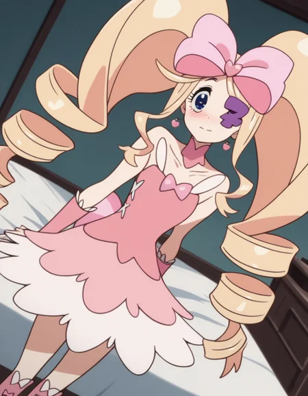 score_9, score_8_up, score_7_up, source_anime,
nuiharime, <lora:nui-harime-s1-ponyxl-lora-nochekaiser:1>,
nui harime, big hair, blonde hair, blue eyes, drill hair, eyepatch, hair bow, long hair, pink bow, twin drills, twintails,
boots, bow, dress, eyepatch, hair bow, pink footwear, strapless, strapless dress,
indoors, bed, bed room, on side, blush, drunk,
solo, dutch angle, looking at viewer, cowboy shot,
