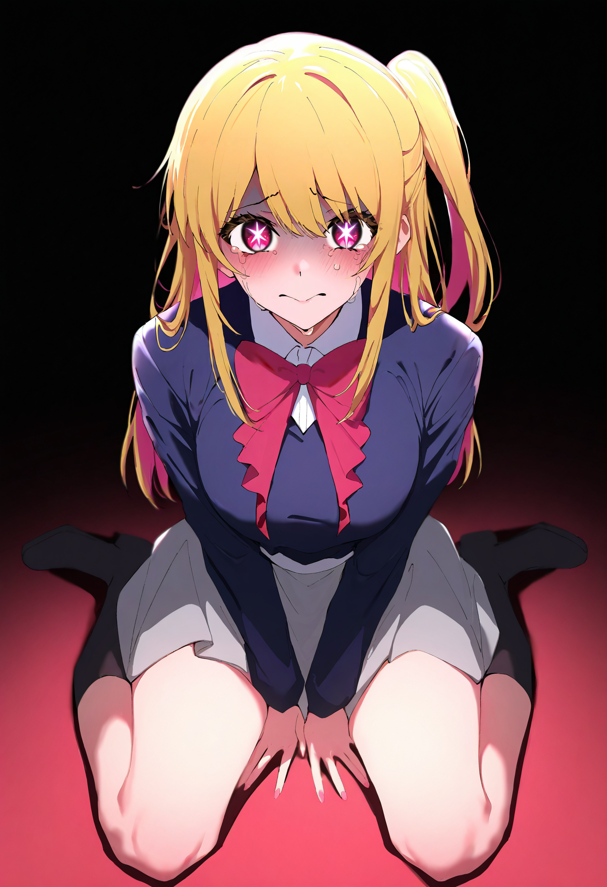 1girl,solo,(hoshino ruby:0.6),idol,<lora:ulrich style locon V pred Ver-Test:1>,ulr1ch style,large breasts,looking at viewer,gloom,wariza,crying with eyes open,closed mouth,masterpiece,best quality,newest,highres,very awaTop,full body,