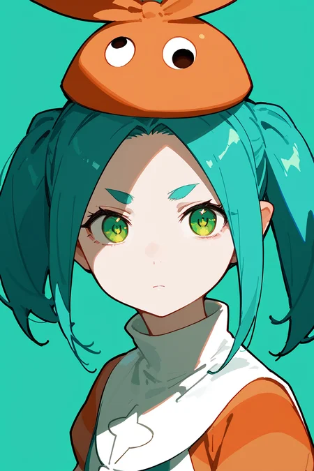 (score_9,score_8_up,score_7_up,),<lora:funaimu:1>,1girl,solo,striped,green eyes,twintails,aqua hair,hat,short hair,dress,simple background,expressionless,v over eye,upper_body,v,