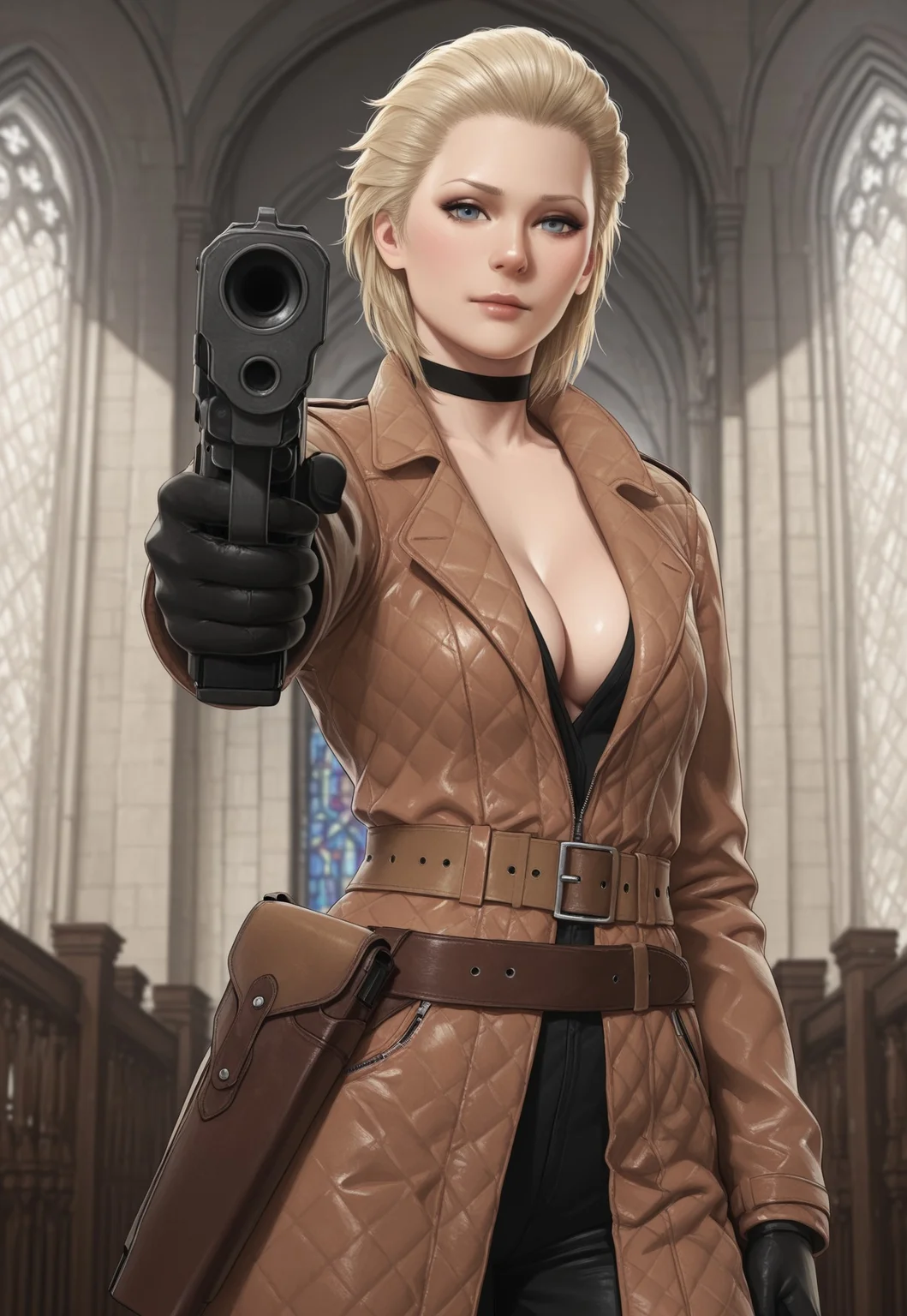 safe_pos, (((masterpiece))), (((high quality))), (((4k))), (((best quality))), (((very aesthetic))), (((realistic_stye))), 1girl, MGS Eva, 70 years old, (old), face wrinkles, blonde hair, hair pulled back, blue eyes, black choker, black shirt, cleavage, leather coat, black gloves, brown belt, holster, holding handgun, aiming at viewer, from in front, church