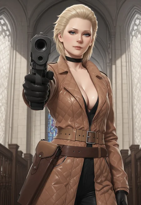 safe_pos, (((masterpiece))), (((high quality))), (((4k))), (((best quality))), (((very aesthetic))), (((realistic_stye))), 1girl, MGS Eva, 70 years old, (old), face wrinkles, blonde hair, hair pulled back, blue eyes, black choker, black shirt, cleavage, leather coat, black gloves, brown belt, holster, holding handgun, aiming at viewer,  from in front, church