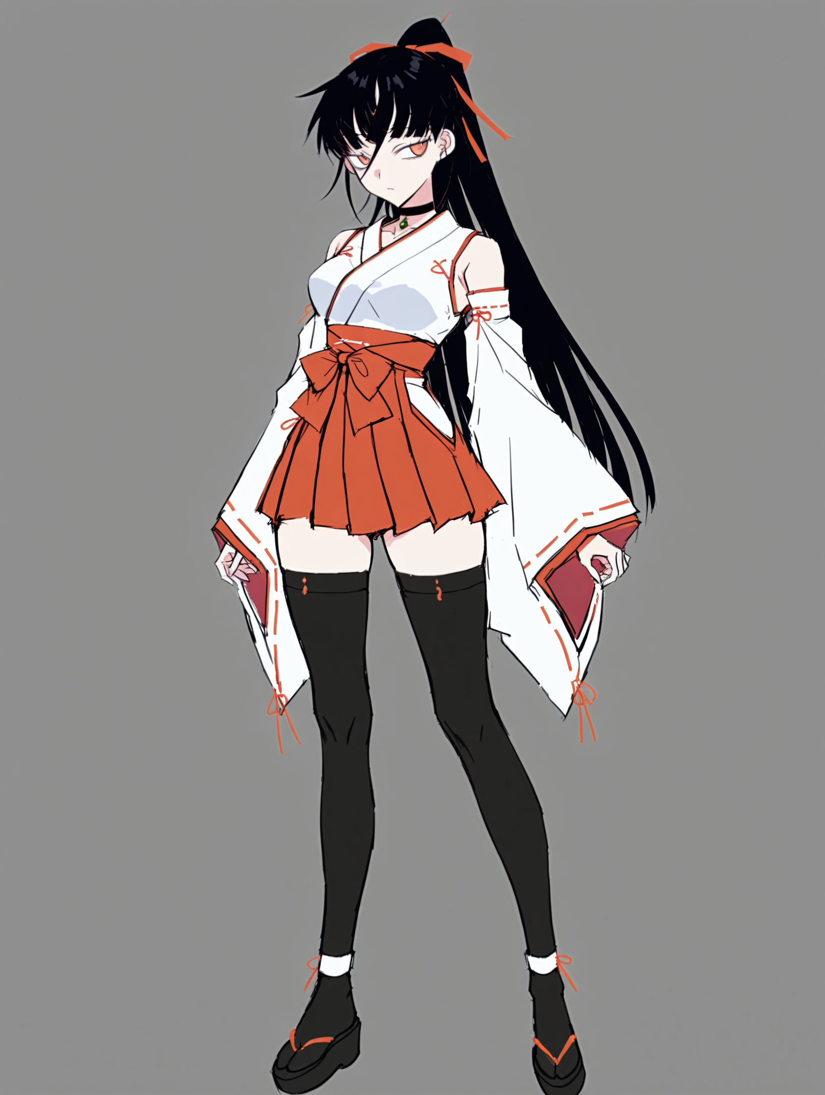 <lora:Ado_Usseewa_Style:1> usseewastyle,sketch,
 <lora:Koyori_Amamiya:0.75> divinemikokoyori,black thighhighs,choker, miko outfit,black hair,
orange eyes,
1girl,solo,standing, full body, 
masterpiece,best quality,amazing quality,