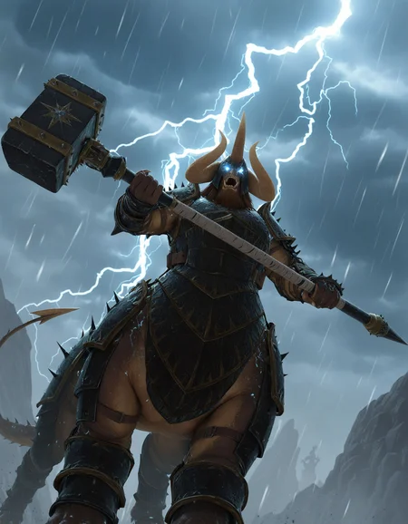masterpiece, good quality, best quality, solo, 2d, anime, dutch angle, from below, lightning, storm, electricity, glowing eyes, 
KholekSuneater, armor, male focus, horns, incoming attack, holding weapon, 
 <lora:KholekSuneater_Vpred:0.6>