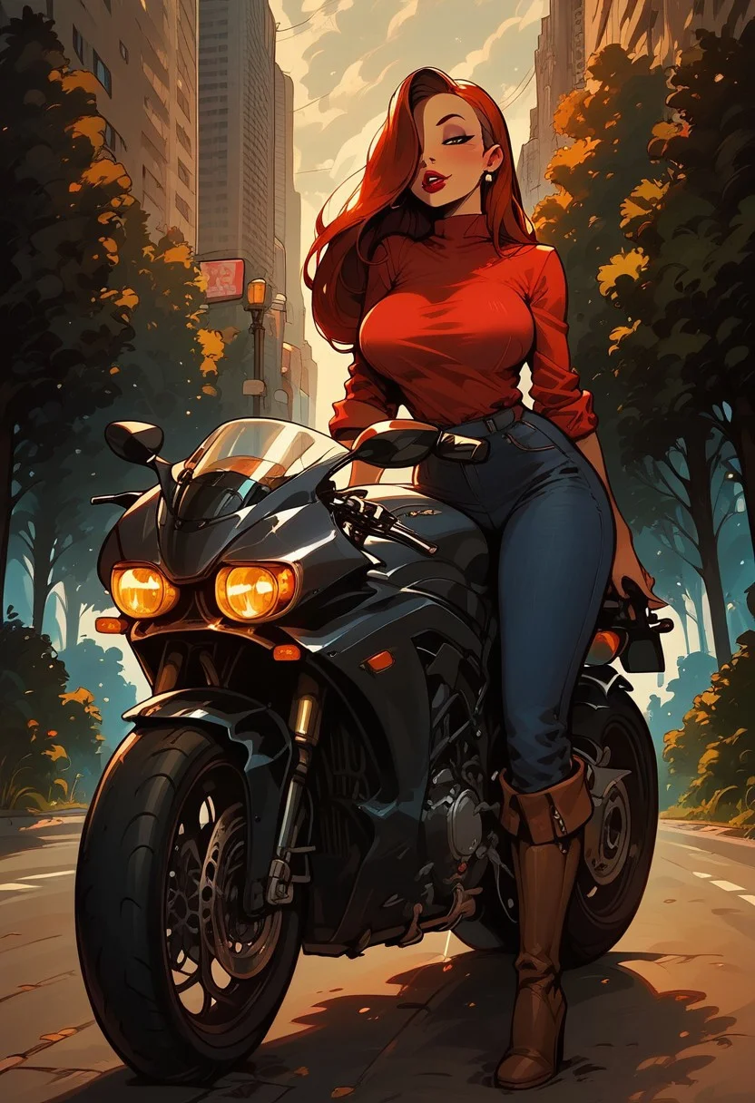 score_9, score_8_up, score_8. score_9, score_8_up, score_7_up, score_6_up, masterpiece, 4k, high quality, (best quality:1.1), ExpressiveH, close up
1girl, jessica rabbit, red hair, hair over right eye, green eyes, large breasts, red shirt, blue jeans, brown boots
BREAK
city street, cars, trees, cr0tchr0ck3t, motorcycle, ground vehicle, motorcycle,