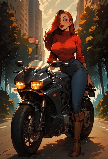 score_9, score_8_up, score_8. score_9, score_8_up, score_7_up, score_6_up, masterpiece, 4k, high quality, (best quality:1.1), ExpressiveH, close up
1girl, jessica rabbit, red hair, hair over right eye, green eyes, large breasts, red shirt, blue jeans, brown boots
BREAK
city street, cars, trees, cr0tchr0ck3t, motorcycle, ground vehicle, motorcycle,