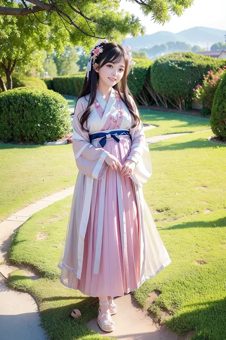 (8k, best quality, masterpiece:1), (realistic, photo-realistic:1),cute, dating,(smile:0.9), (closed mouth),small breasts, beautiful detailed eyes,Perfect Face,<lora:hanfu_v29:0.72>, (1girl, song hanfu, song style outfits,  short shan, pleated shan skirt),(full body:1.2),<lora:taiwanDollLikeness_v10:0.3>