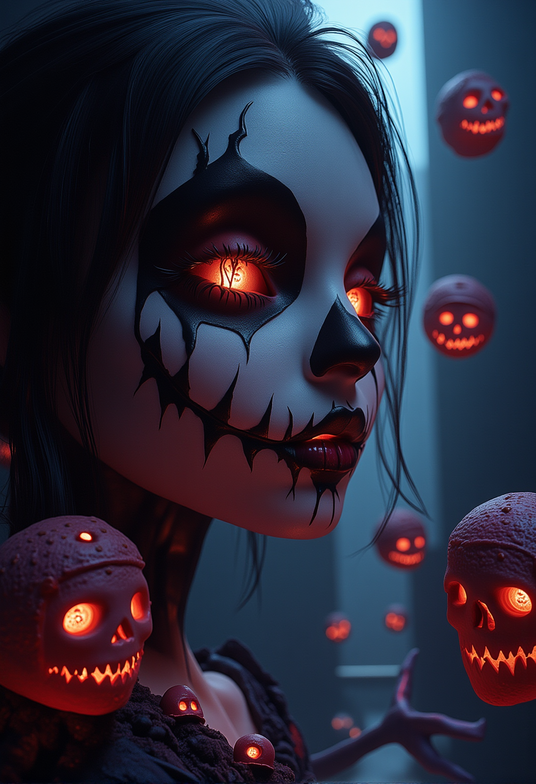bv-twiwonsty. A dramatic side profile close-up of a eerie woman, with grinning skull face, exuding an aura of unsettling, dark energy. Surrounded by floating, glowing crystals, the figure radiates a haunting power, shown from a side view. , <lora:bv-twisted-wonderland-style-v1.safetensors:1.0:1.0>