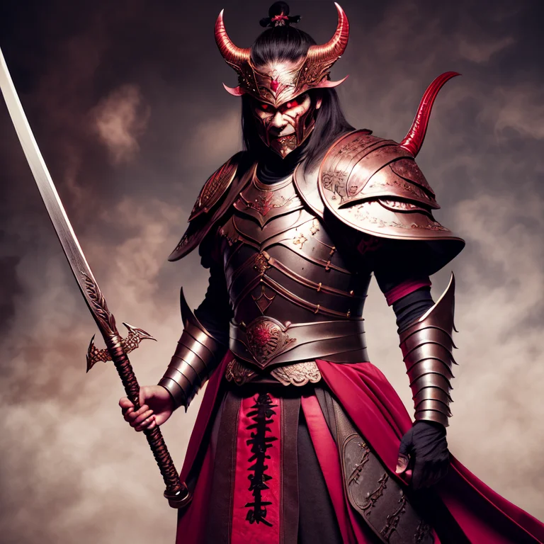 photo, a demonic looking man in armor holding a sword (FantasyDaimyo style:1) <lora:djzFantasyDaimyoV21:0.8>