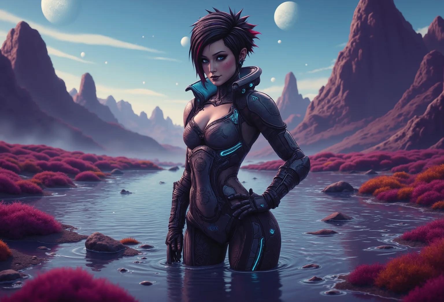 7-RetroFuturism, spaceknights, mad-cyberspace, bordershading . A highly detailed, professional photograph of a petite young woman with a bold, punk-inspired hairstyleâshort, spiked black hair with shaved sides and vibrant red and blue highlights. She wears revealing sleek, form-fitting metallic armor with glowing lines, intricate engravings, visible circuits, and mechanical joints. The matte texture reflects light softly, with subtle wear and tear giving the armor a rugged, used look. Her goth-inspired makeupâdark eyeliner, smoky eyeshadow, and black lipstickâcontrasts with her pale skin. Her eyes glimmer with intensity, reflecting light from distant celestial bodies, blending confidence and allure. She is fully immersed in an alien landscape with towering purple-hued rock formations. Magenta and orange alien shrubs brush against her legs, while loose stones scatter beneath her boots. A calm, shimmering river reflects the glowing planets and moons, casting soft ripples of light onto her armor. The sky, filled with massive planets and glowing moons, bathes the scene in ethereal light, while soft mist rises from the river and faint auroras ripple across the sky. medium shot capturing her in a seductive standing position, hand on hip . Her facial expression shows playful smile . Her lipstick and smoky eyeshadow enhance her allure, with her eyes reflecting the glowing celestial bodies above. Dynamic lighting casts shifting shadows across her armor, while tiny glowing particles float through the air, casting soft, moving shadows on her body. The entire scene is immersive and photorealistic, with the alien plants, river, and rugged terrain interacting naturally with her, grounding her firmly in this exotic, alien world. , <lora:Neon_Cyberpunk_Cyberspace_FLUX.safetensors:0.5:0.5> <lora:Retro Futurism FLUX.safetensors:0.5:0.5> <lora:spaceknights-FLUX_000003750.safetensors:0.5:0.5> <lora:bordershading_flux_v1.safetensors:0.75:0.75>