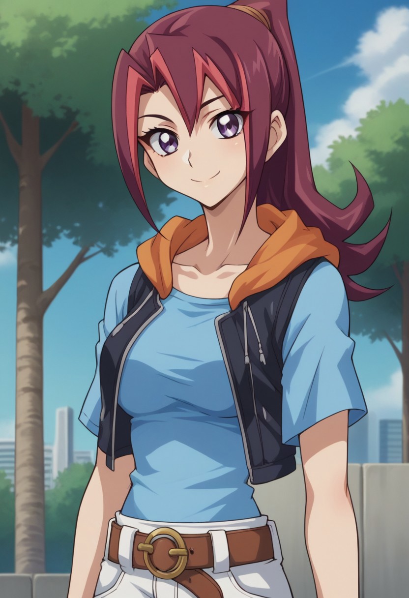 score_9, score_8_up, score_7_up, source_anime, highly detailed,
KariTsukumo, 1girl, solo, purple eyes, smile, multicolored hair, two-tone hair, long hair,
red hair, shirt, ponytail, looking at viewer, blue shirt, belt, hood,
short sleeves, purple hair, bangs, upper body, collarbone, hoodie, vest,
breasts,
outdoor, sky, tree