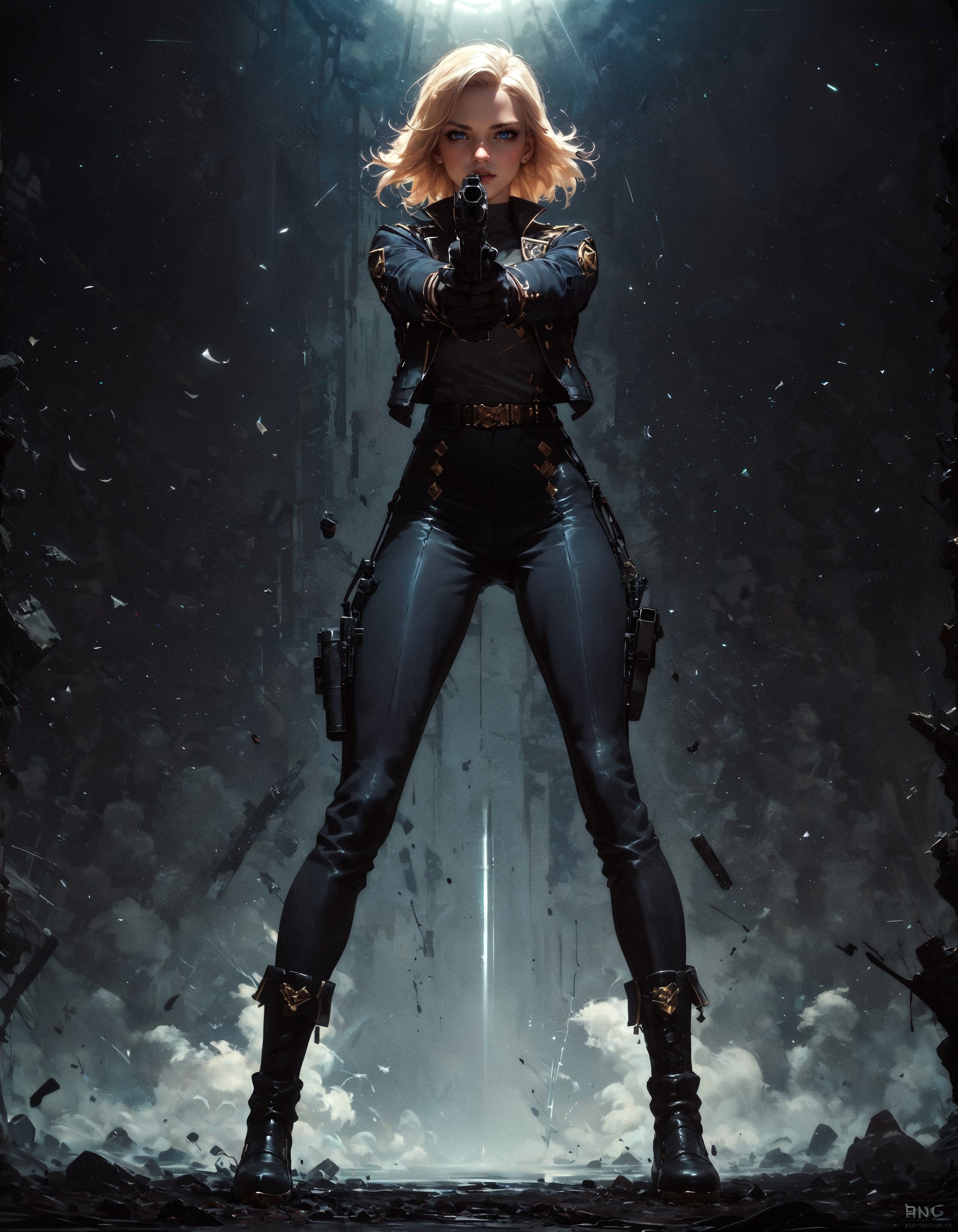 score_9, score_8_up, score_7_up, score_6_up, score_5_up, score_4_up,  1girl, full body, standing, legs apart, black pants, black shoes, holding gun, aiming, aiming at viewer, finger on trigger, two handed, FBI agent, blonde hair, short hair, posing, female focus, black suit, black uniform, solo, perfect female body, perfect eyes, posing for magazine, shiny skin, golden trim, black boots, black gloves