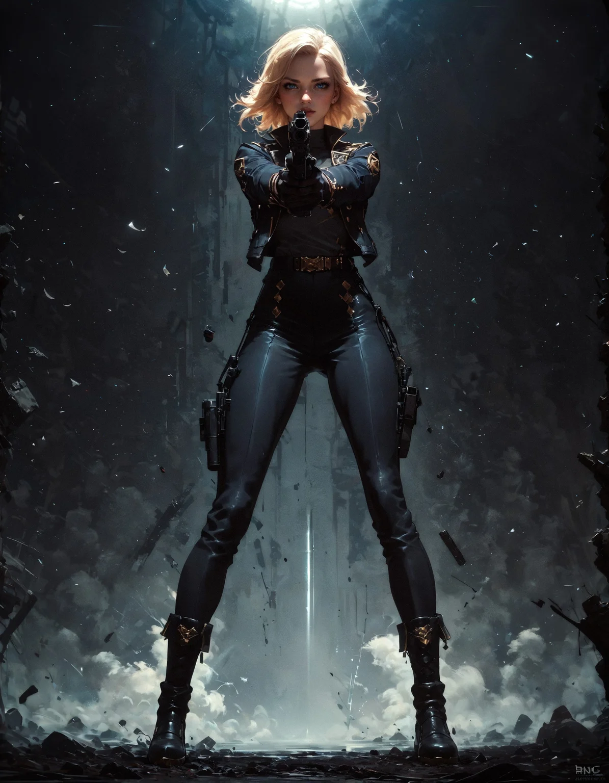 score_9, score_8_up, score_7_up, score_6_up, score_5_up, score_4_up, 1girl, full body, standing, legs apart, black pants, black shoes, holding gun, aiming, aiming at viewer, finger on trigger, two handed, FBI agent, blonde hair, short hair, posing, female focus, black suit, black uniform, solo, perfect female body, perfect eyes, posing for magazine, shiny skin, golden trim, black boots, black gloves