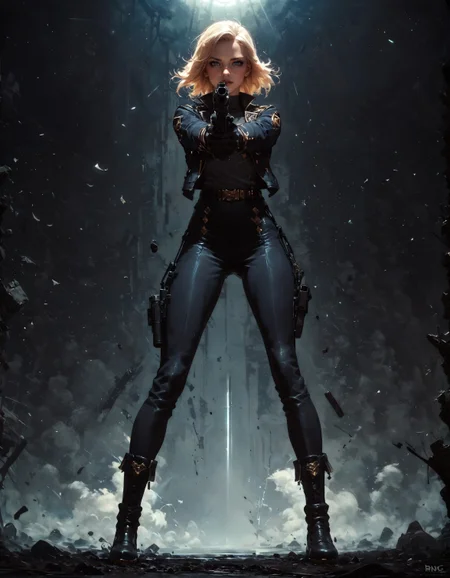 score_9, score_8_up, score_7_up, score_6_up, score_5_up, score_4_up, 1girl, full body, standing, legs apart, black pants, black shoes, holding gun, aiming, aiming at viewer, finger on trigger, two handed, FBI agent, blonde hair, short hair, posing, female focus, black suit, black uniform, solo, perfect female body, perfect eyes, posing for magazine, shiny skin, golden trim, black boots, black gloves