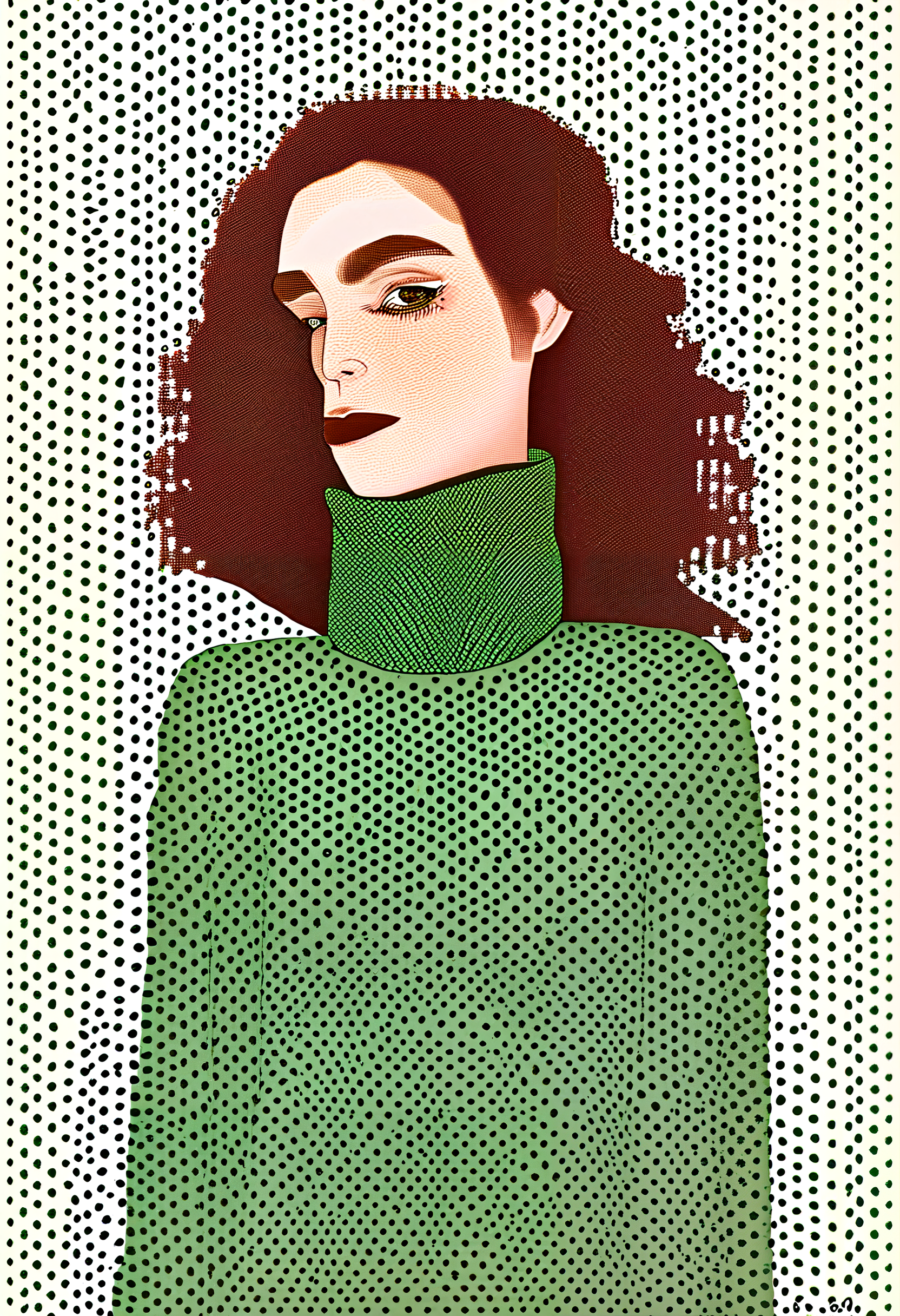 Pointillist style with small, distinct dots of color that blend together to form an image, ( 1girl, solo, expressive, hearts, dynamic, brown hair, brown eyes, pale skin girl, pale skin, freckles, green turtleneck, cozy, blush, in_office, looking_longingly, seductive, sexy_woman, small dots, distinct, blend together, dotted, intricate, optical illusion, vibrant, detailed