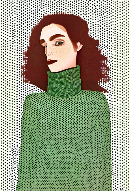 Pointillist style with small, distinct dots of color that blend together to form an image, ( 1girl, solo, expressive, hearts, dynamic, brown hair, brown eyes, pale skin girl, pale skin, freckles, green turtleneck, cozy, blush, in_office, looking_longingly, seductive, sexy_woman, small dots, distinct, blend together, dotted, intricate, optical illusion, vibrant, detailed
