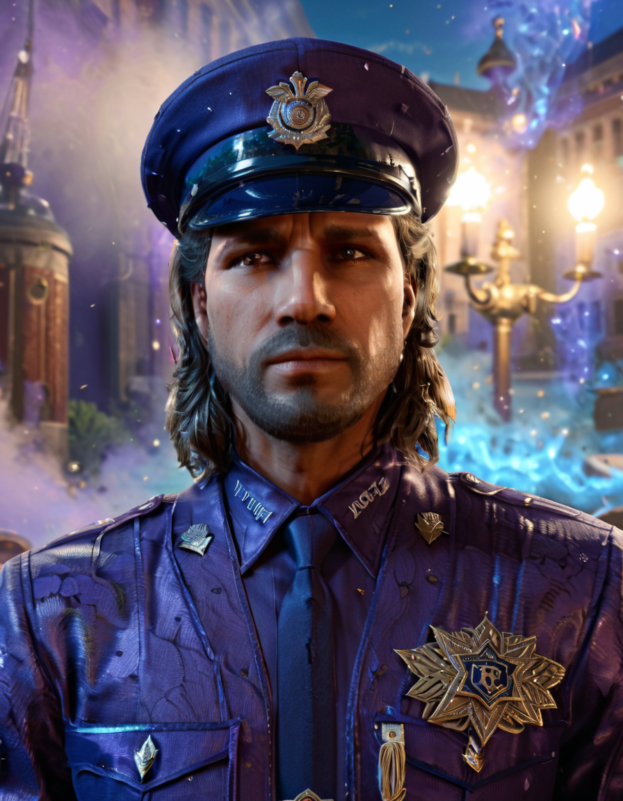 cinematic still man, police uniform . emotional, harmonious, vignette, 4k epic detailed, shot on kodak, 35mm photo, sharp focus, high budget, cinemascope, moody, epic, gorgeous, film grain, grainy, man, police uniform, intricate, beautiful, highly detailed, dramatic, sharp focus, surreal flowing colors, professional fine detail, extremely color friendly, cute, expressive, depicted, elegant, pretty, artistic, enhanced, complex, colorful background, ambient light, futuristic, magic, vibrant, designed, vivid composition, iconic, best, perfect, luxurious, full, epic, creative