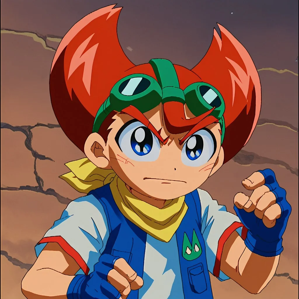1boy, yamato delgado, solo, googles, red hair, blue eyes, white shirt, blue vest, fingerless gloves