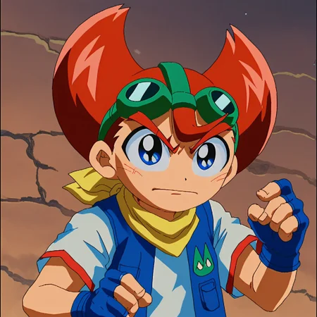 1boy, yamato delgado, solo, googles, red hair, blue eyes, white shirt, blue vest, fingerless gloves