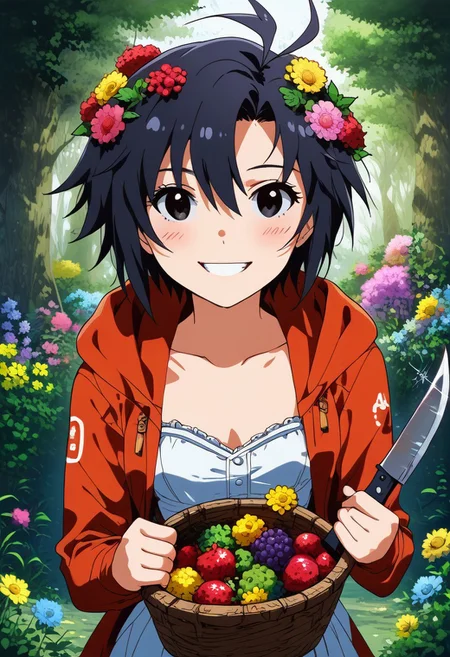 (zPDXL2), score_9, score_8_up, score_7_up, score_6_up, source_anime, <lora:Worldly_XL:1> volumetric lighting, warm colors, motion effects, best quality, wallpaper art, looking at viewer, woods, (knives:1.5), berries, flowers, insects
1girl, solo, 18 year old, Little Red Riding Hood on a path in the woods, holding basket with knives, delicate and smooth skin, cleavage, shy smile, eyes open, low cut, 
<lora:KikuchiMakoto_pony_v1:0.9> kkcmkt, short hair, black hair, antenna hair, hair between eyes, black eyes, flat chest,  small breasts, 
Expressiveh,  <lora:c0l0urc0r3XLP2:0.40> c0l0urc0r3, cute, bright colours, candy, <lora:RELSM_v1:0.90> <lora:[GP] somethingweirdv1 [Pony XL]:0.20>