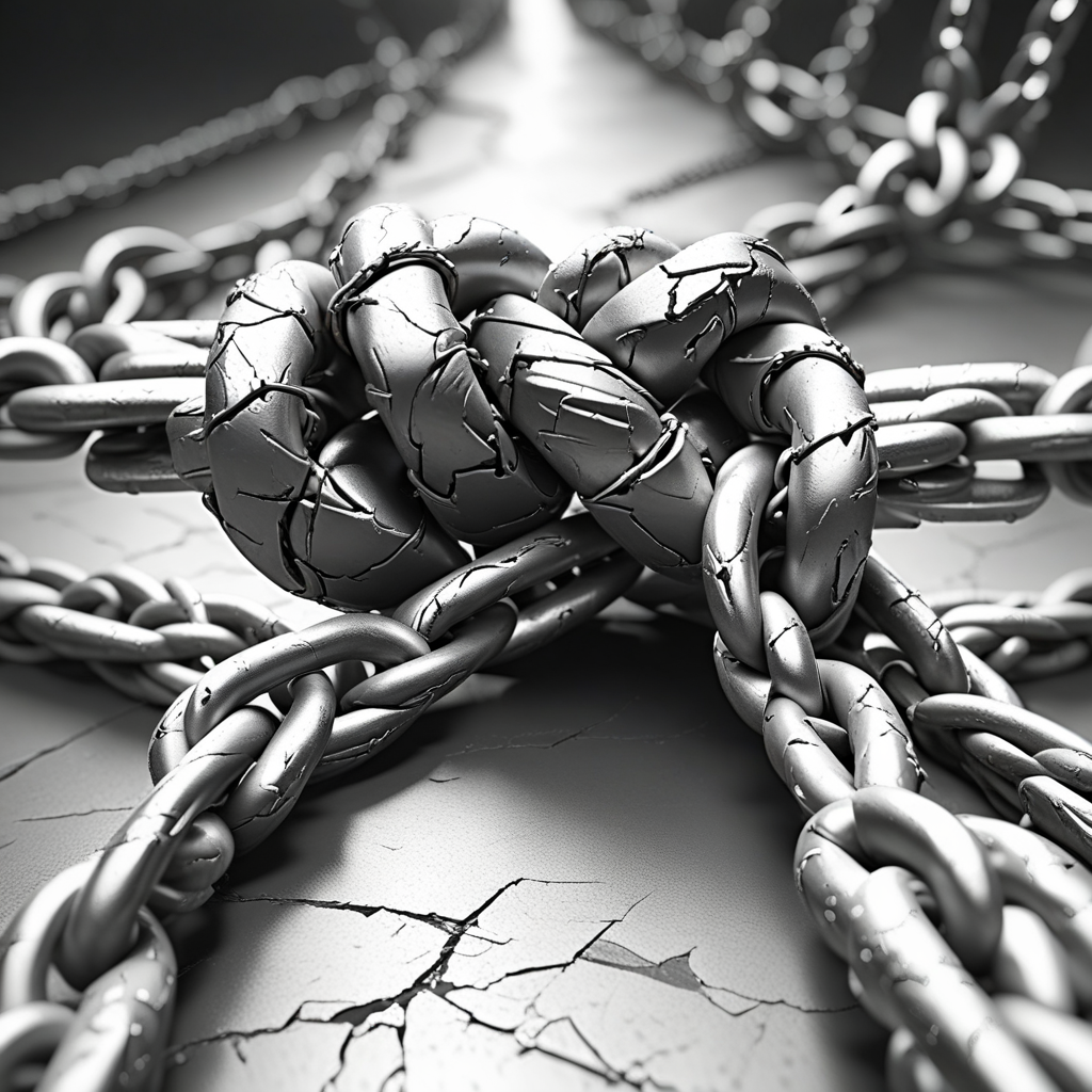 blurry, gradient, no humans, broken, blurry background, greyscale, black hair, chained, crack, simple background, restrained