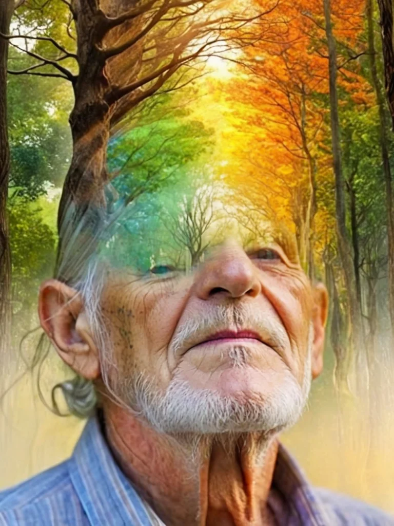 free flowing, high definition, color theory, stunning, sharp focus, close up of head, portrait of a old man, double exposure style, trees , amora-style <lora:antonio-mora-style:1>