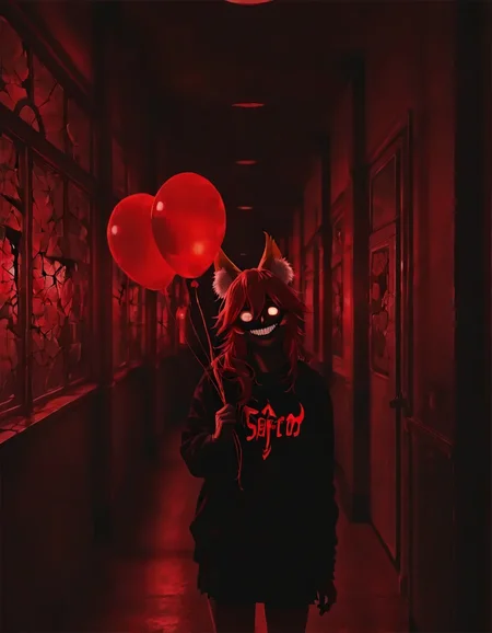 <lora:illustriousXLv01_stabilizer_v1.185c:0.8>1girl,tamamo \(fate\),holding balloon,cowboy shot,glowing eyes,creepy face,very dark room,shadow,head tilt,hallway,night,broken window,masterpiece,red light,