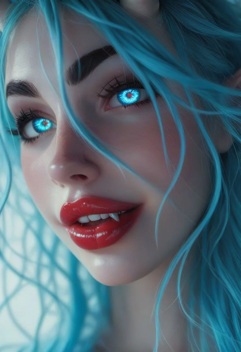 score_9, score_8_up, score_7_up, photograph, real life, extremely beautiful, (highly detailed, intricately detailed), masterpiece, 8k, HDR, best quality, (highly detailed skin), (alluring eyes), (ahoge hair, indigo blue hair), glowing blue eyes, oni horns, (oni ears), black mascara, glossy lipstick, fangs, white skin, wide smile, happy expression, :D, joy expression
