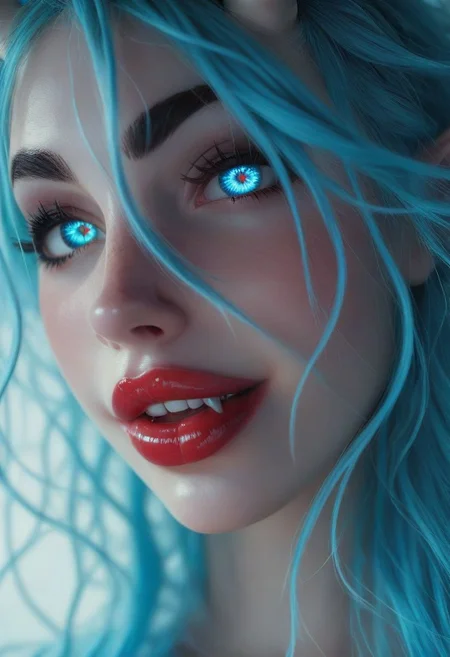 score_9, score_8_up, score_7_up, photograph, real life, extremely beautiful, (highly detailed, intricately detailed), masterpiece, 8k, HDR, best quality, (highly detailed skin), (alluring eyes), (ahoge hair, indigo blue hair), glowing blue eyes, oni horns, (oni ears), black mascara, glossy lipstick, fangs, white skin, wide smile, happy expression, :D, joy expression