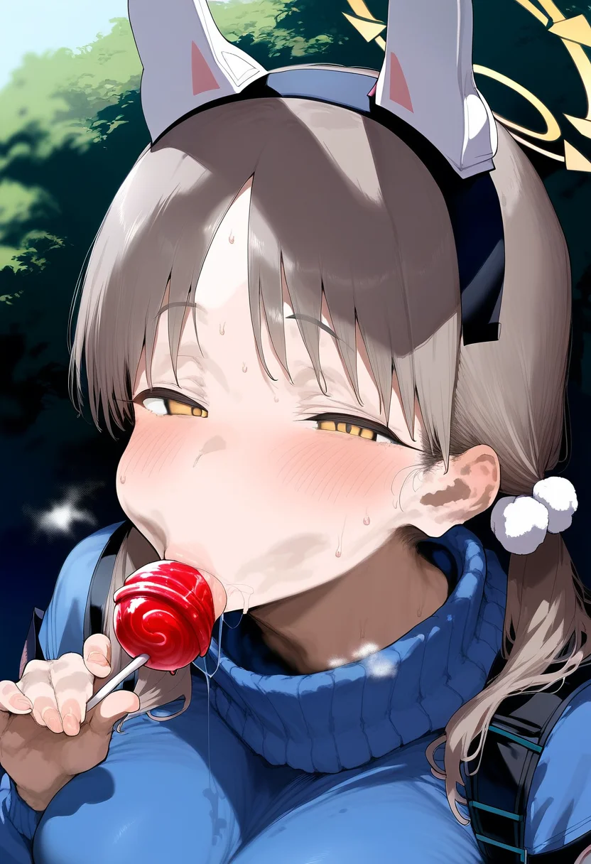score_9,score_8_up,score_7_up,1girl,lms,uncensored,<lora:lms_v0.1_cwhj:1>,food, moe \(blue archive\), candy, halo, lollipop, blue sweater, solo, holding candy, sweater, holding food, yellow eyes, twintails, breasts, animal ears, half-closed eyes, turtleneck, fake animal ears, saliva, large breasts, holding lollipop, holding, blush, brown hair, pom pom \(clothes\), sweat, rabbit ears, turtleneck sweater, upper body, hair ornament, sexually suggestive, pom pom hair ornament, saliva trail, long sleeves, fingernails, long hair